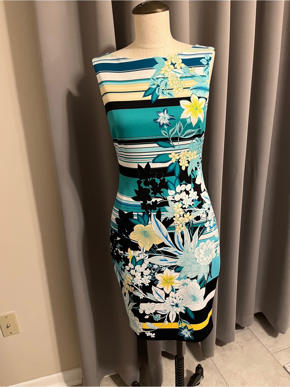 Cache Teal, Black and Yellow Floral Stripe Midi Dress